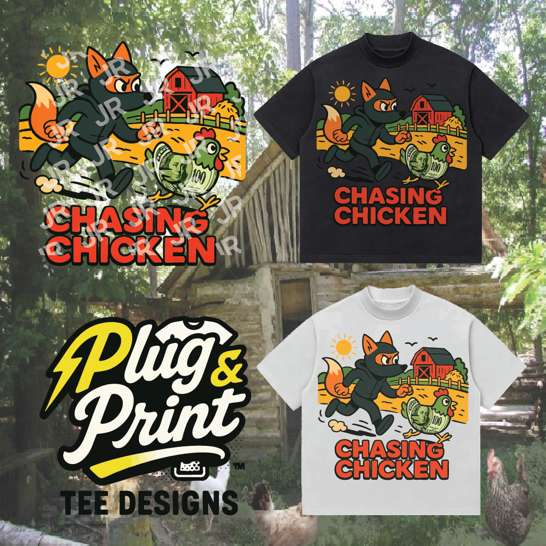 "Chasing Chicken" Premade T-Shirt Graphics for DTF, DTG, and Print-on-Demand Hustlers